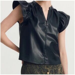Melissa Nepton Kamilla Black Faux Leather Ruffle Cap Sleeve Top Sz S